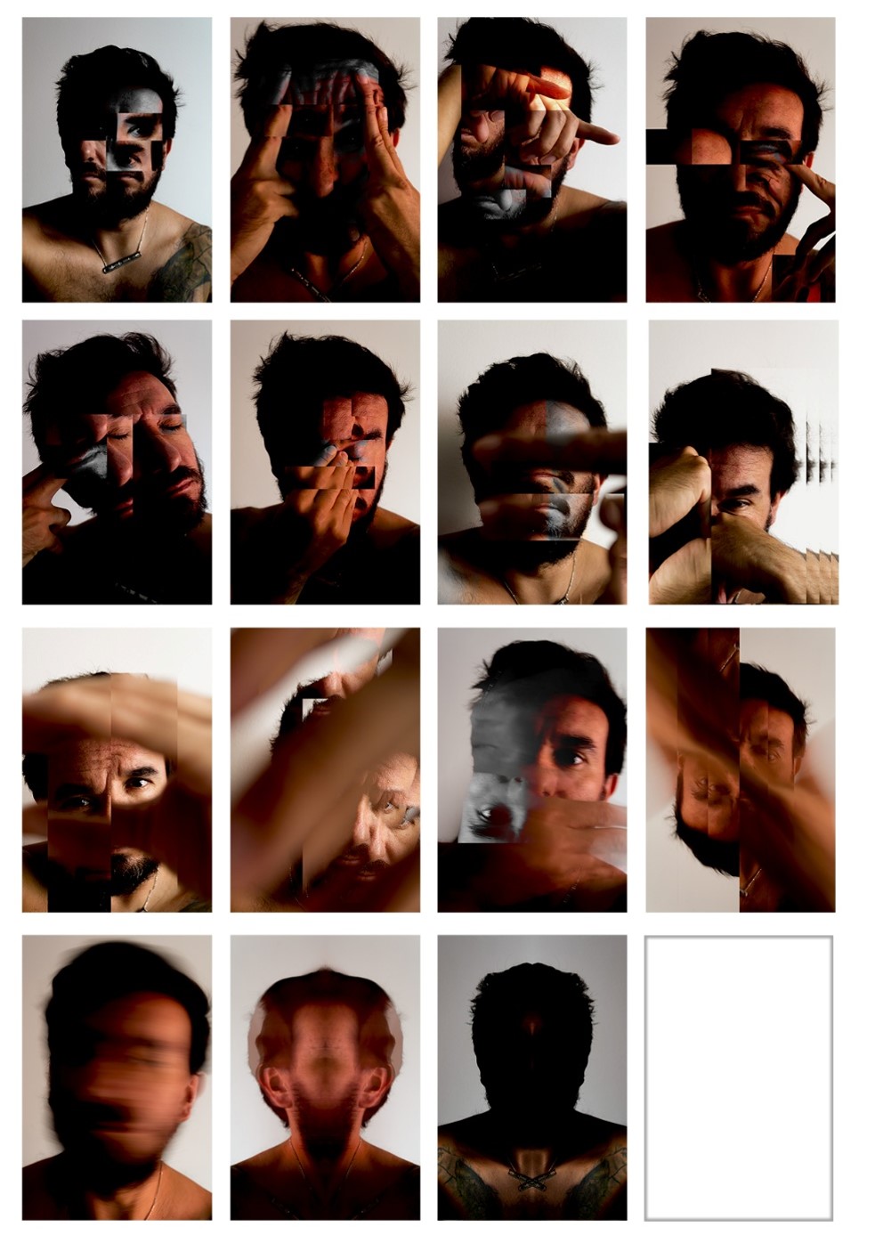 Síntesis del proceso de la primera observación: del registro corporal y gestual a la fragmentación por la mediación técnica a la silueta como formas de reconfiguración del yo (fotografías digitales editadas)