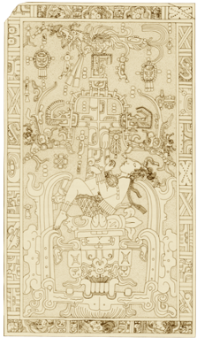 Dibujo realizado por Linda Schele de
la losa superior del sarcófago de K’inich Janaab’ Pakal I (ca. s. VII d.C)