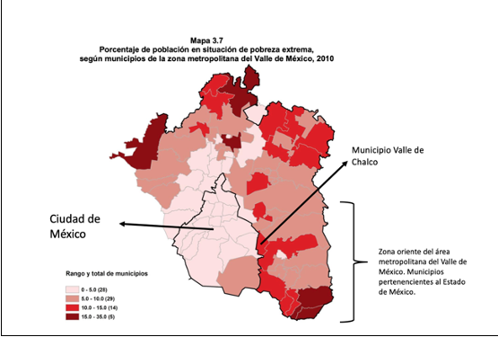 Porcentaje de poblaci&oacute;n en situaci&oacute;n de
pobreza extrema, Valle de M&eacute;xico (2010).
